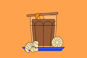 Illustration of a coffee hot toddy with ginger root, a cinnamon stick, and an orange peel for garnish.